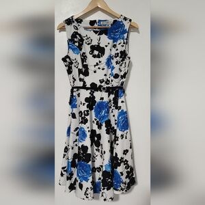 Vintage Blue Rose Floral Sleeveless Party Dress